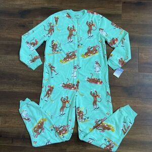 Nick & Nora Size Small One Piece Pajamas Sock Monkey Suit Union Suit Teal